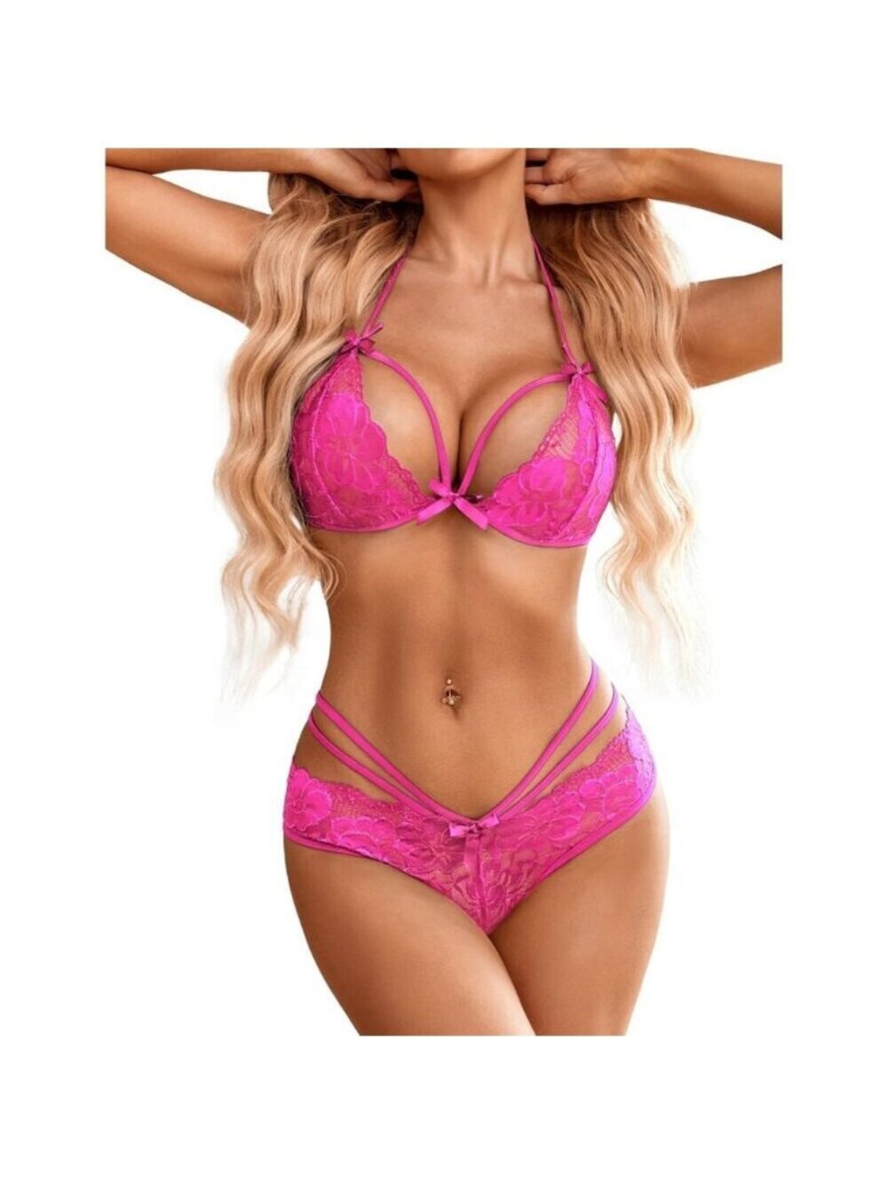 Women's Pink Lace Lingerie Baby Doll Two Pieces Sexy Bra And Panty Sets